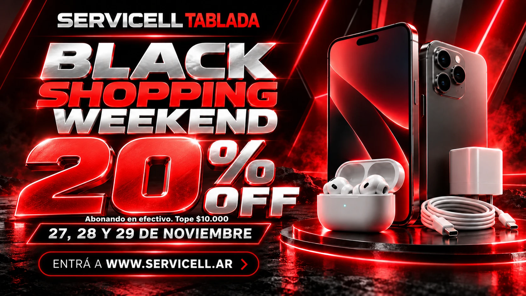 Servicell Tablada · Black Shopping Weekend: 20% off abonando en efectivo, tope $10.000. 27, 28 y 29 de noviembre. Entrá a www.servicell.ar