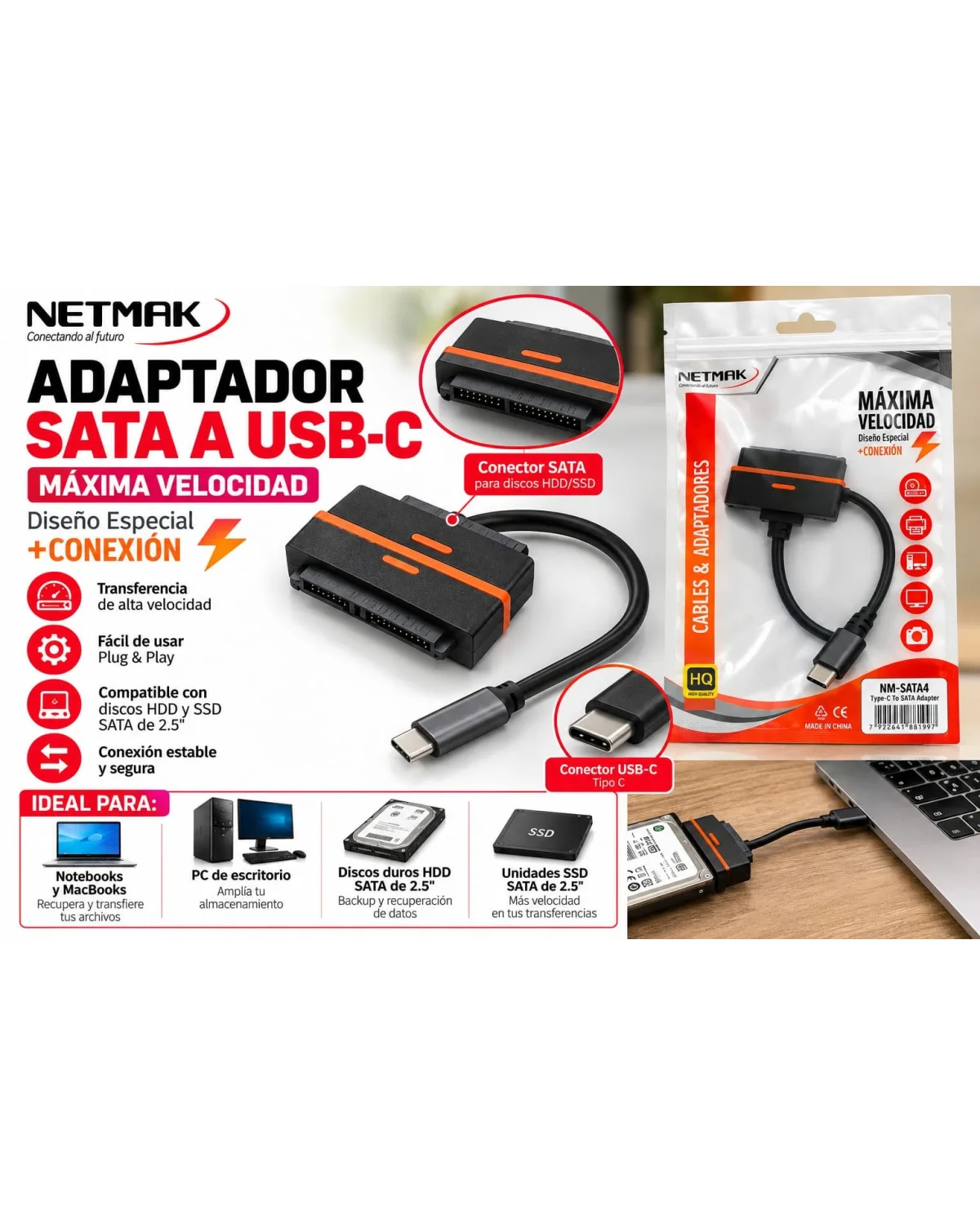 Adaptador de Sata a TIPO C para disco rigido