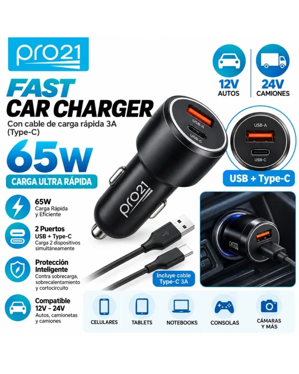 Cargador Para AUTO PRO21 65w TURBO
