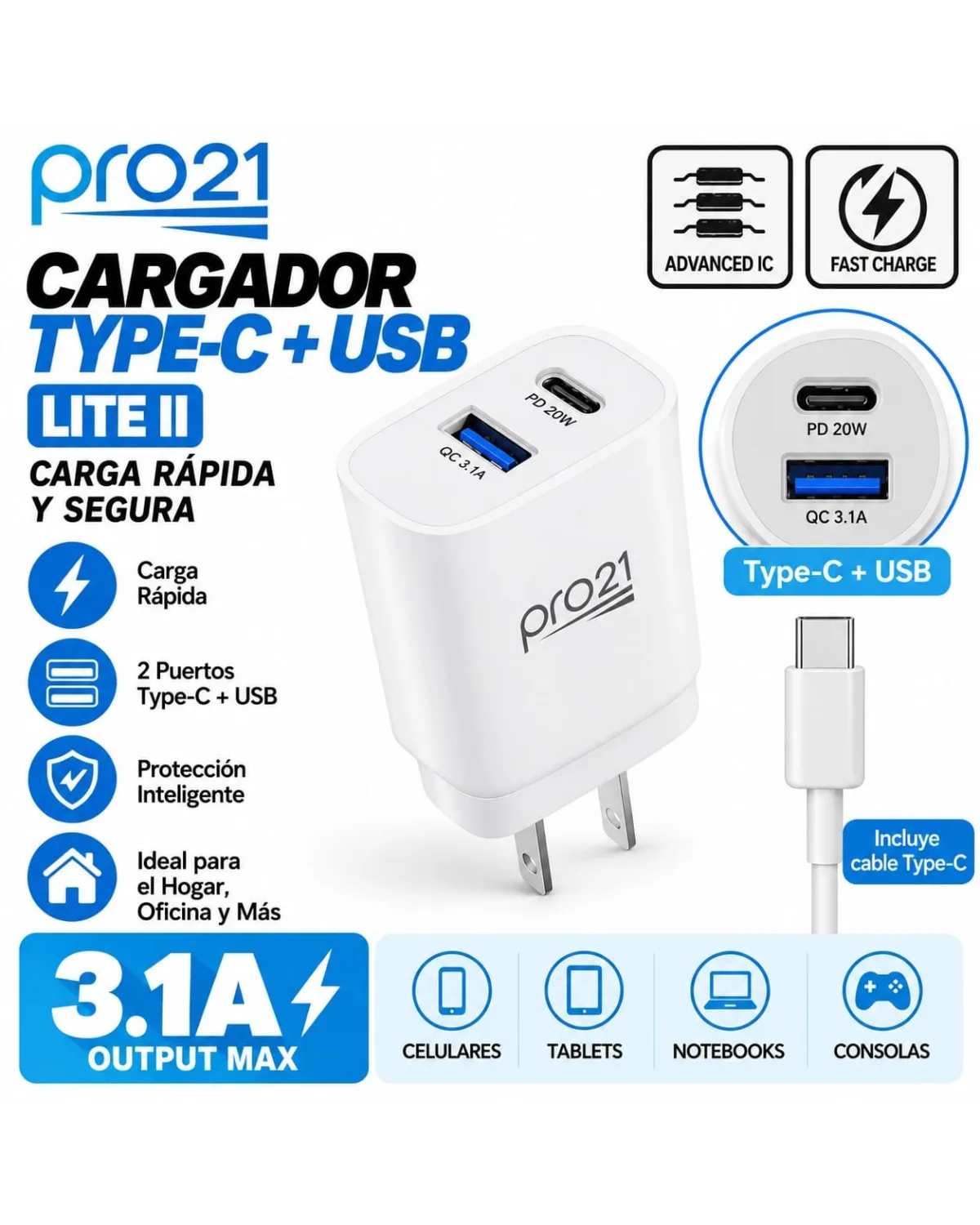 Cargador PRO21 3.1 TIPO C (caja blanca y turquesa)