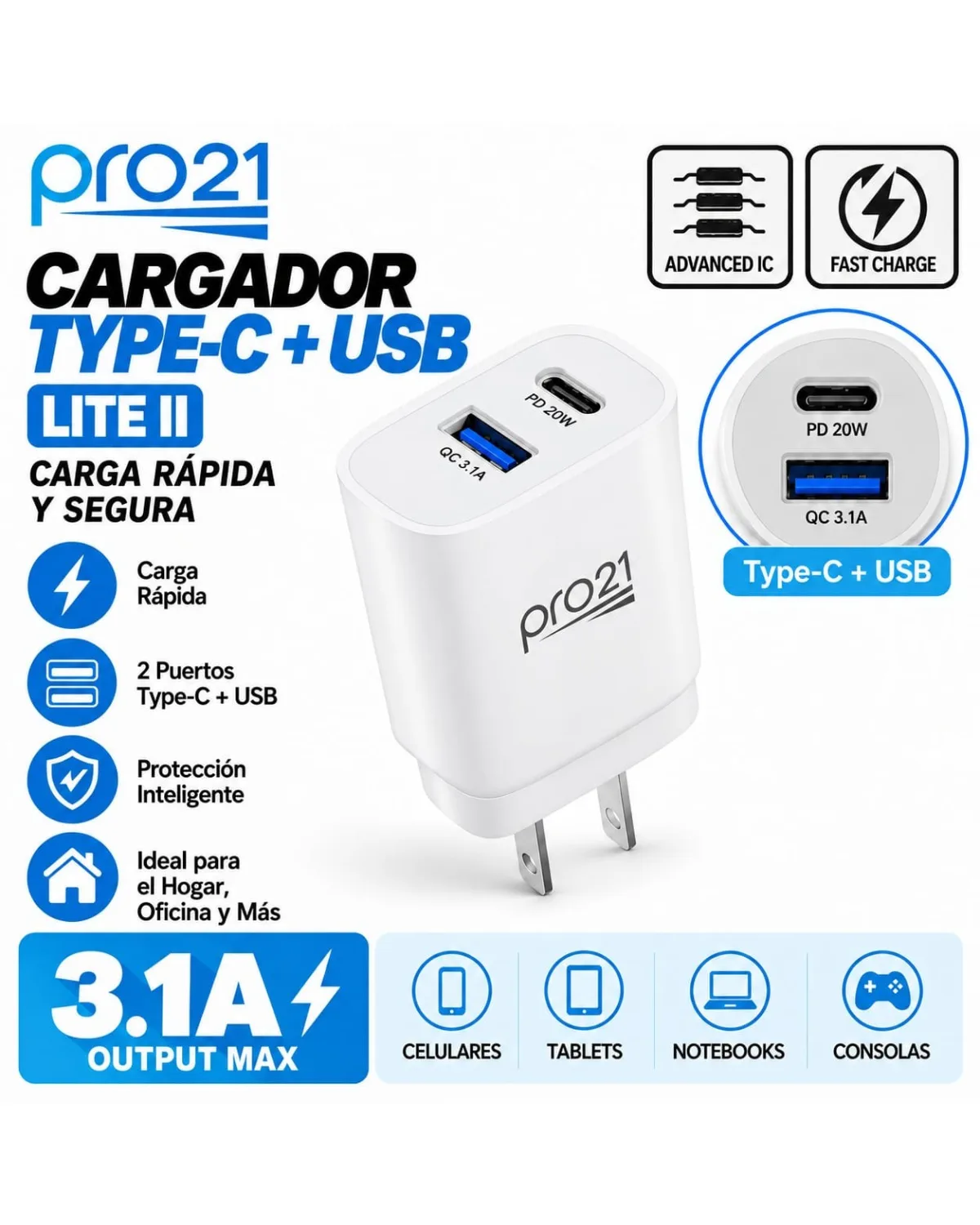 Cargador PRO21 3.1 TIPO C SOLO CABEZAL